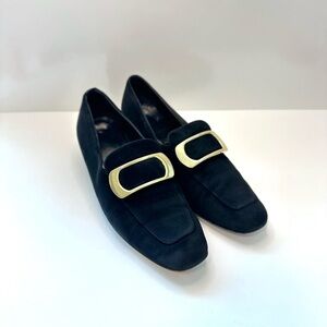Bruno Magli Women’s Black Suede Loafers with Gold Buckle – Made in Italy